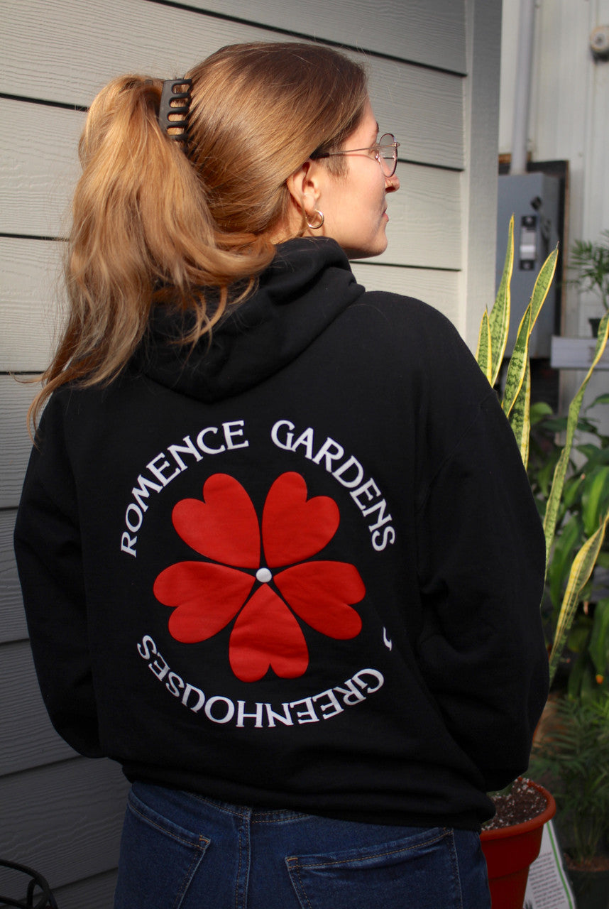 Romence Gardens Logo Hoodie back being worn