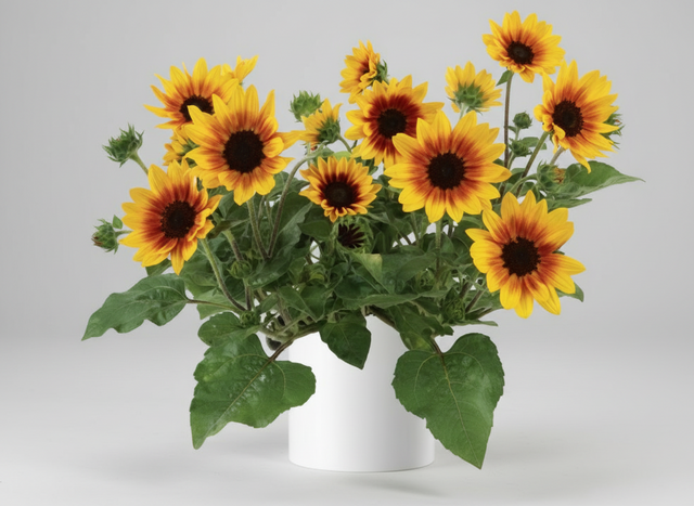 Bouquet of sunflowers in a white vase on a white background